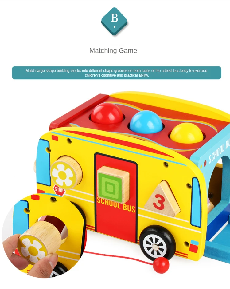 

Drag school bus wooden children's toys percussion table eight tone piano matching pull rope walking 4 in1 early educational toys