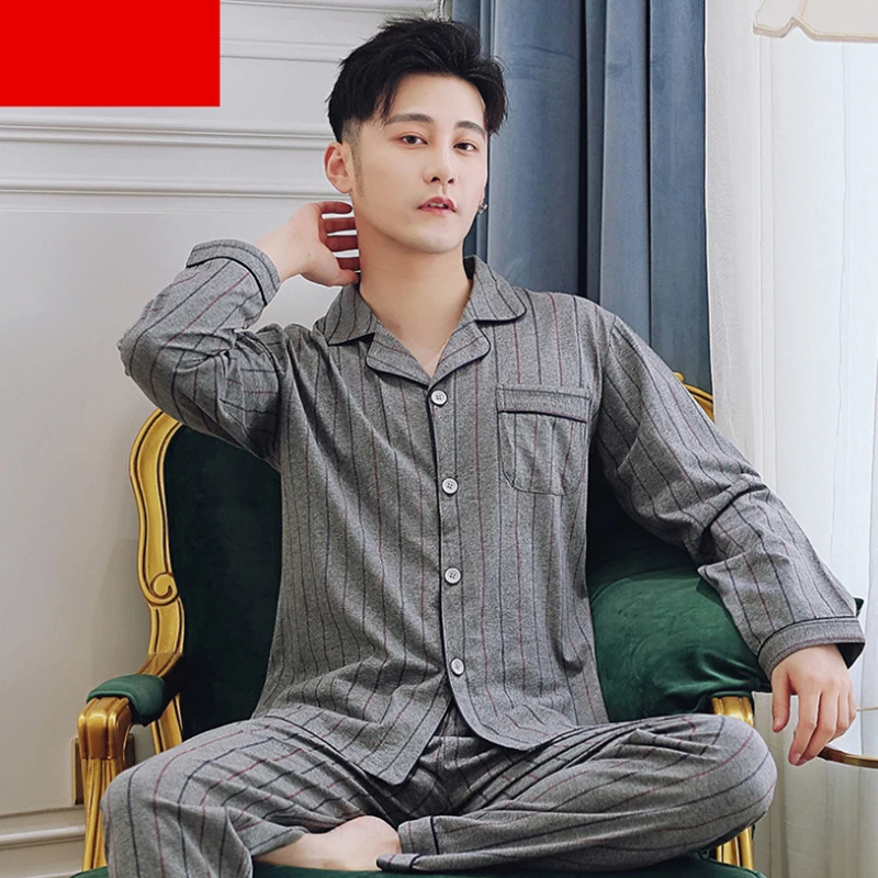 

Пижама мужская хлопковая из 2 предметов, одежда для сна для отдыха, серое постельное белье, домашняя одежда, комплект пижам из хлопка, осень-л...