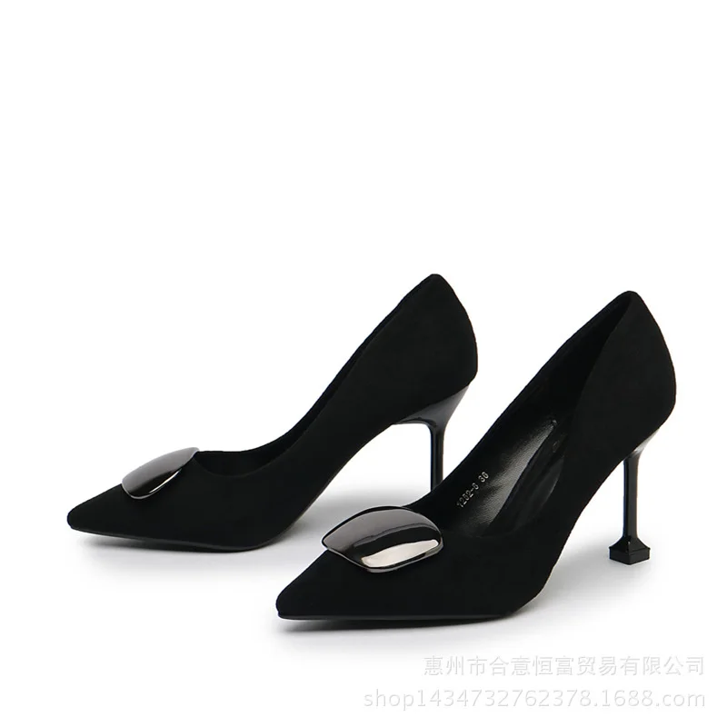 

Modern Women's Pointed Toe High Thin Heels Shallow Pumps Solid Suede Square Button Summer Shoes Versatile Office Lady Working