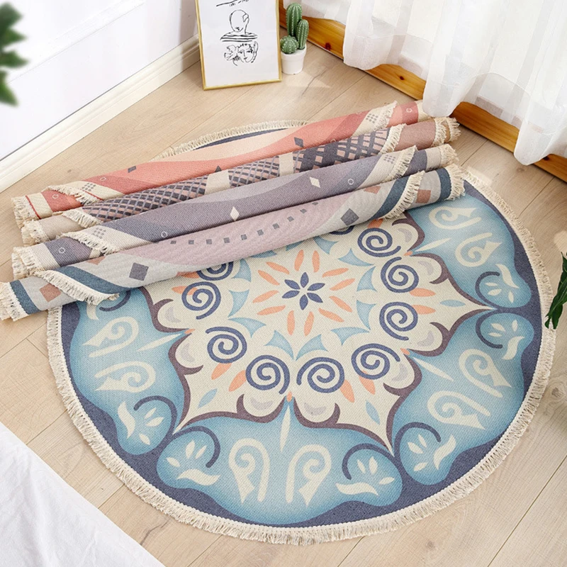 Марокканский круглый ковер для спальни в стиле бохо хлопковый с кисточками
