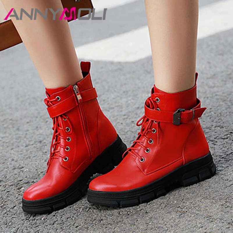 

ANNYMOLI Motorcycle Boots Women Buckle Platform Flats Ankle Boots Zipper Round Toe Shoes Lady Autumn Winter Red Plus Size 34-43