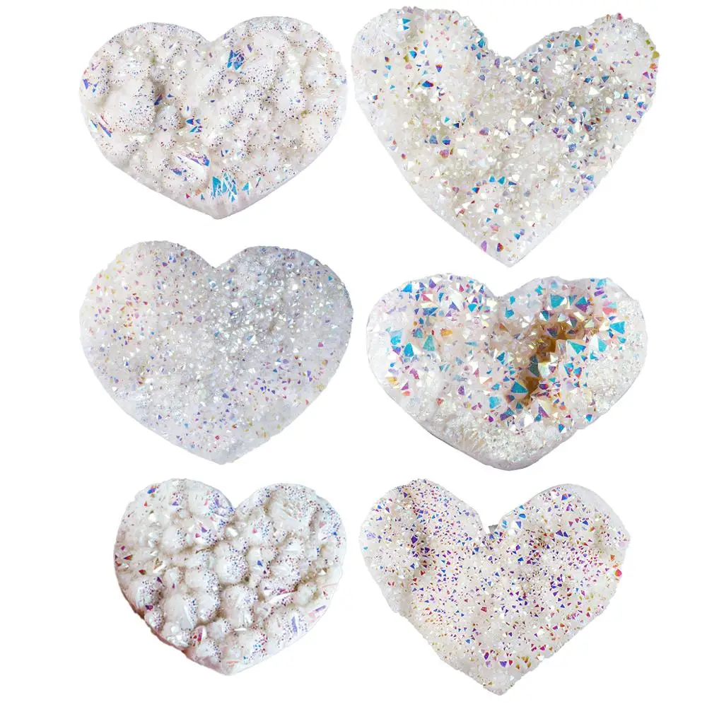TUMBEELLUWA Titanium Coated AB Crystal Cluster Druzy Geode Heart Shape Gemstone Figurine for Meditation Reiki Healing Home Decor