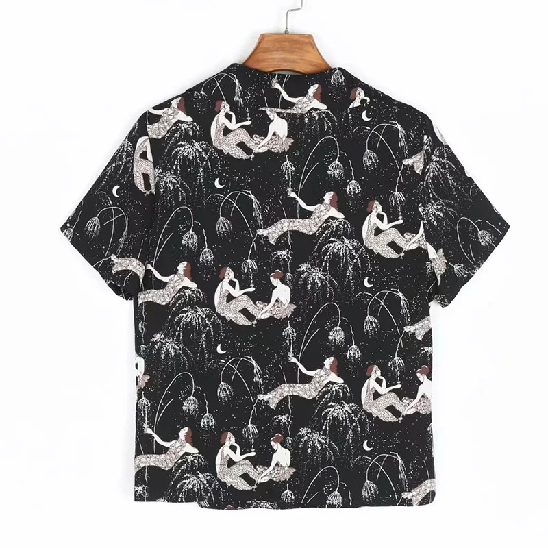 

EAYUCU 2021 spring new French niche girl retro print short-sleeved shirt ET298