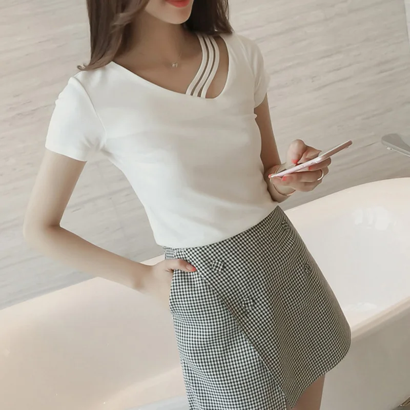 

Ladies Tops Solid Color Hollow V Neck Short Sleeve Simple Casual T-shirt TC21