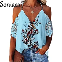 2021 summer womens floral printed short sleeve tops ladies v neck lace sleeve sling casual shirts streetwear blouse