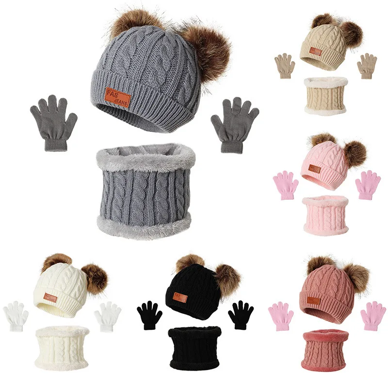 Cute Baby Hat Scarf Gloves Suit Set Beanie Cap Children's Hats Girls Fake Ball Pompon Plush Keep Warm Winter Knitted Skullies | Детская