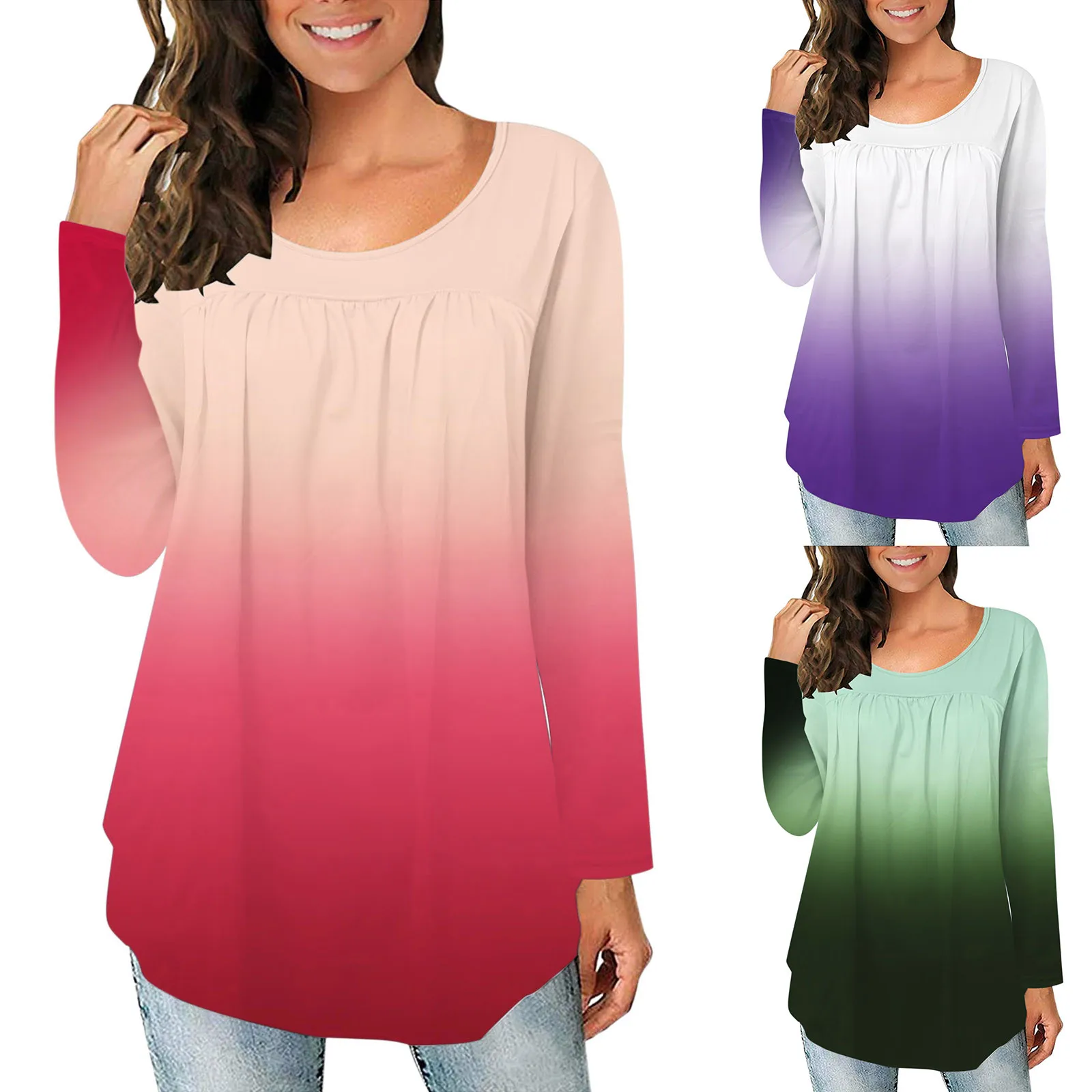 

Autumn Women's Fashion Blouses New Casual Round Neck Pleated Blouses Stitching Long-sleeved Gradient Pullover Женские блузки