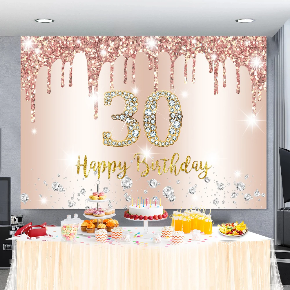 

Gold Pink Glitter Diamond 30th Birthday Backdrop Party Customized Portrait Banner Photography Background For Photo Studio