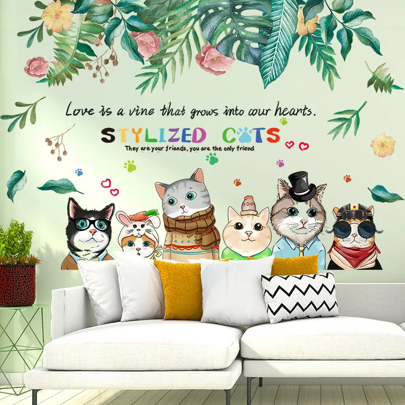 

[shijuekongjian] Cats Animals Wall Stickers DIY Green Leaves Plants Wall Decals for Kids Room Baby Bedroom Nursery Decoration