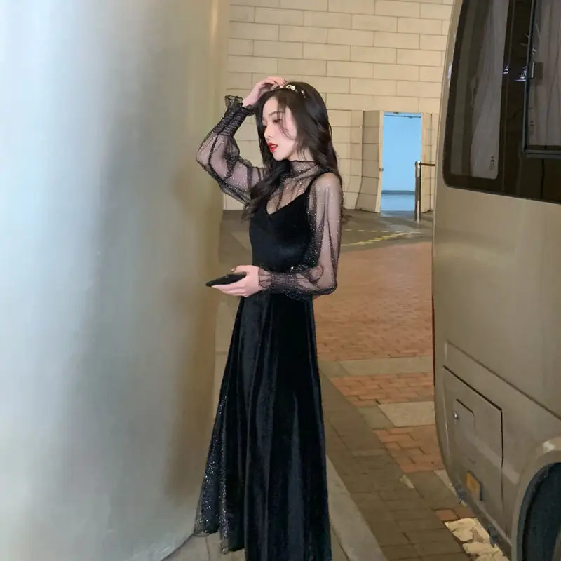 

Blouse +Strapless Velvet Split Midi Dress Two Pieces Suit Autumn Elegant Vintage Set Turtleneck Long Sleeve Sexy Shiny