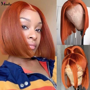 Парик Meetu прямой Боб оранжевый имбирный парик фронта шнурка Короткие парики 5x5 парик с застежкой шнурка 150 Плотность парики из натуральных волос для женщин