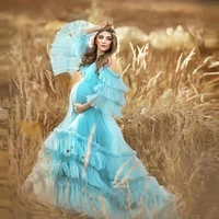 tiffany blue off shoulder tulle maternity prom dress for photo shoot tiered ruffles puff long sleeves pregnant evening gowns