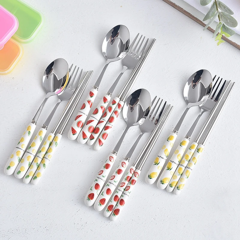 

Cute Fork Spoon Cutlery Set fruit series Ceramic Handle Stainless Steel Children Chopsticks Fork Portable Tableware