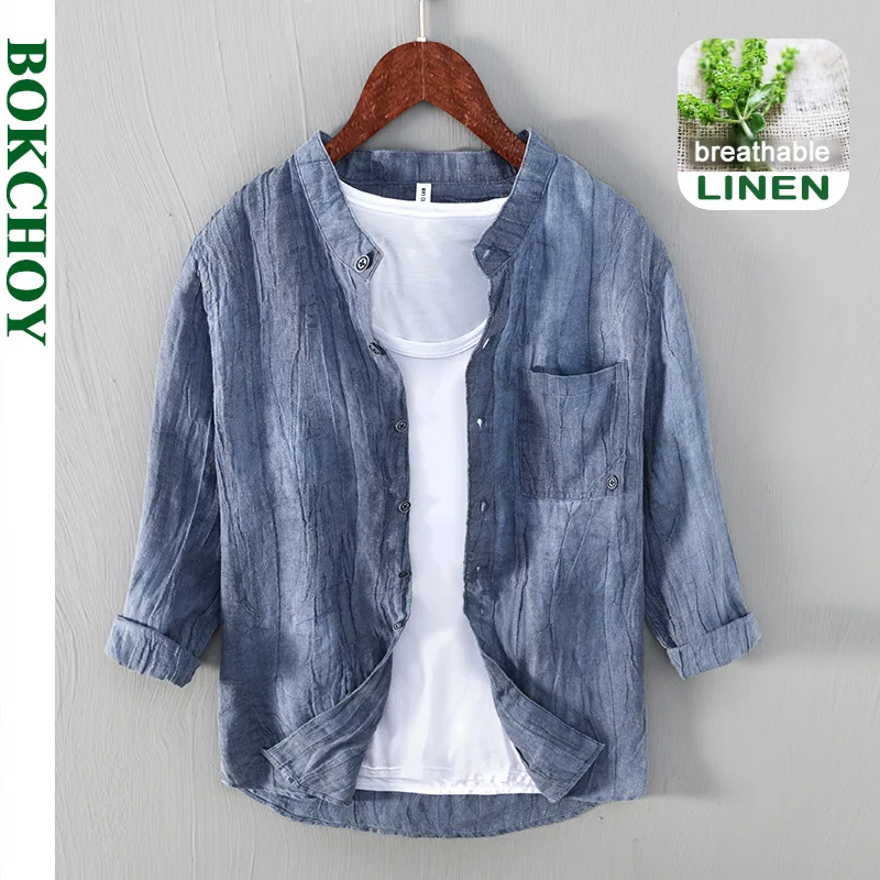 

2021 Autumn Winter New Men Retro Chinese Style Shirts Button Up Long Sleeve Pure Linen Solid Color Thin Coat GB-L889