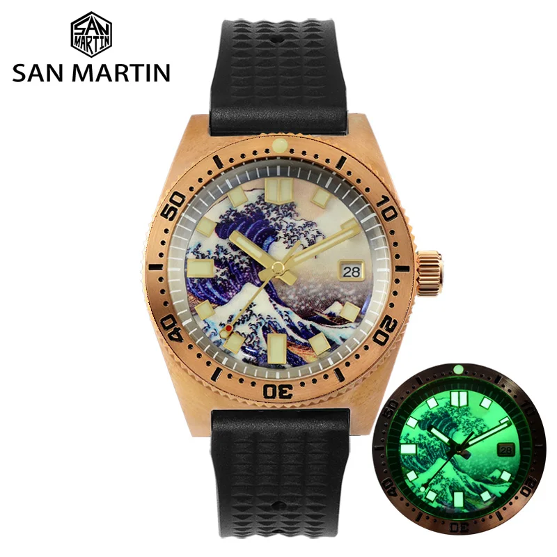 

San Martin 62Mas Diver 3D Printing Full Luminous Surfing Dial Cusn8 Bronze NH35 Mens Automatic Mechanical Watch Sapphire 20 Bar