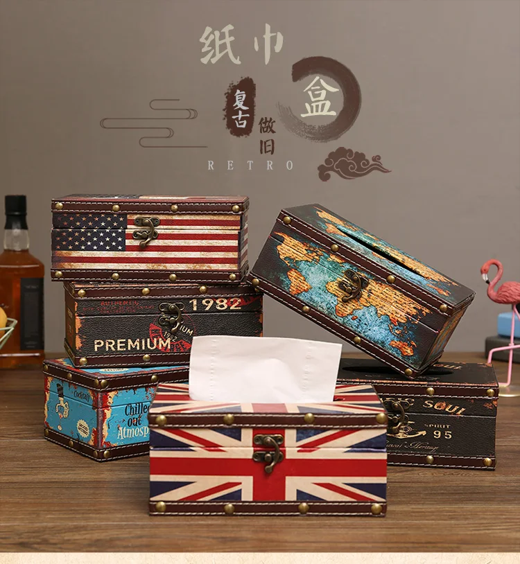 

American style Home storage box with lock Retro Leather box holder desktop coffee shop decorate