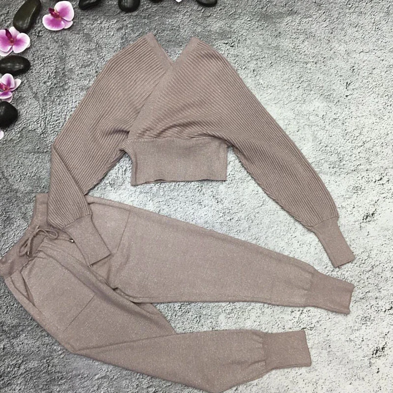 

Spring Autumn 2 Piece Set Women Knitted Sweater Top Pants Sports Suit Sexy V Neck Batwing Sleeve Tracksuit New Casual Sweatshirt