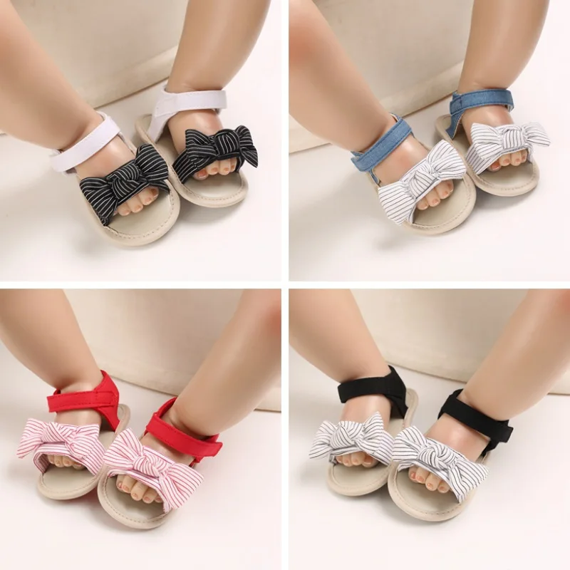 

Baby's Lovely Stripe Bow Sandals With Soft Soles Summer Cotton Fabric Shoes For Toddler Girls