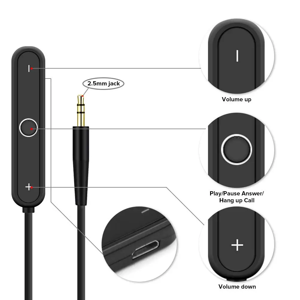Беспроводной Bluetooth сменный кабель с микрофоном Регулятор громкости микрофон для наушников BoseQC35/QC25/QC2/OE2 аудио кабель