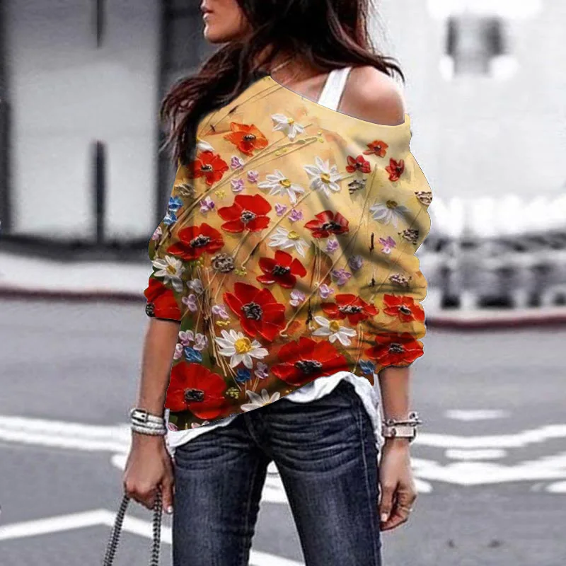 

Футболка женская, с цветочным принтом и косым воротником, с открытыми плечами, большого размера, осень 2021