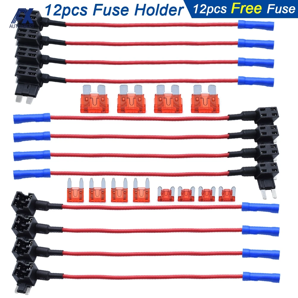 

12Pcs/set Fuse Holder Add-a-circuit TAP Adapter Micro Mini Standard ATM APM ATO ATC with 12V 10A Blade Car Fuse Auto Replacement