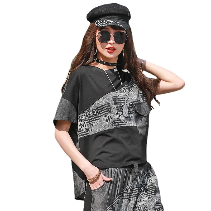 

Max LuLu New Fashion 2021 Summer Tees Womens Denim Patchwork Tshirts Ladies Printed Pockets Streetwear Short Sleeve Black Tops