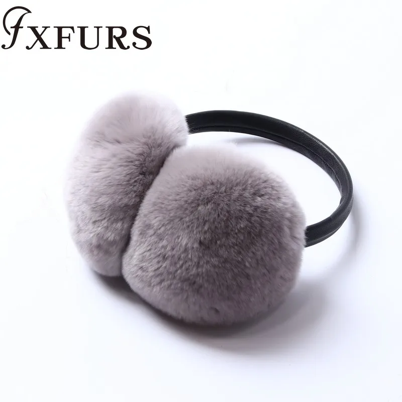 grey FXFURS/ женские модные меховые наушники с кроликом Рекс, с кожаной полкой, зимние теплые меховые наушники для девочек, меховые наушники - Цвет: grey