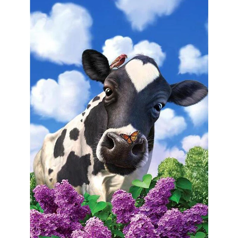 Полноразмерная 5D алмазная живопись сделай сам 3D картина лаванда и Корова круглые