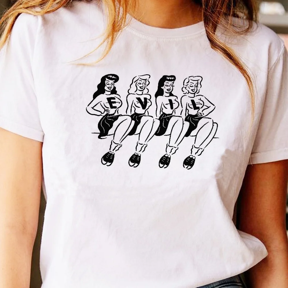 

1pcs four Evil Girl Drawing T-Shirt Women's Retro Style Sassy Cute Funny Tee Hipsters Grunge Top