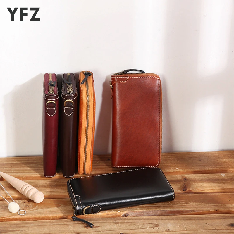 YFZ Vintage Long Wallet for Men & Women, Classic Zipper Genuine Leather Purse Multi-pockets for Phone, Cash, Credit Cards