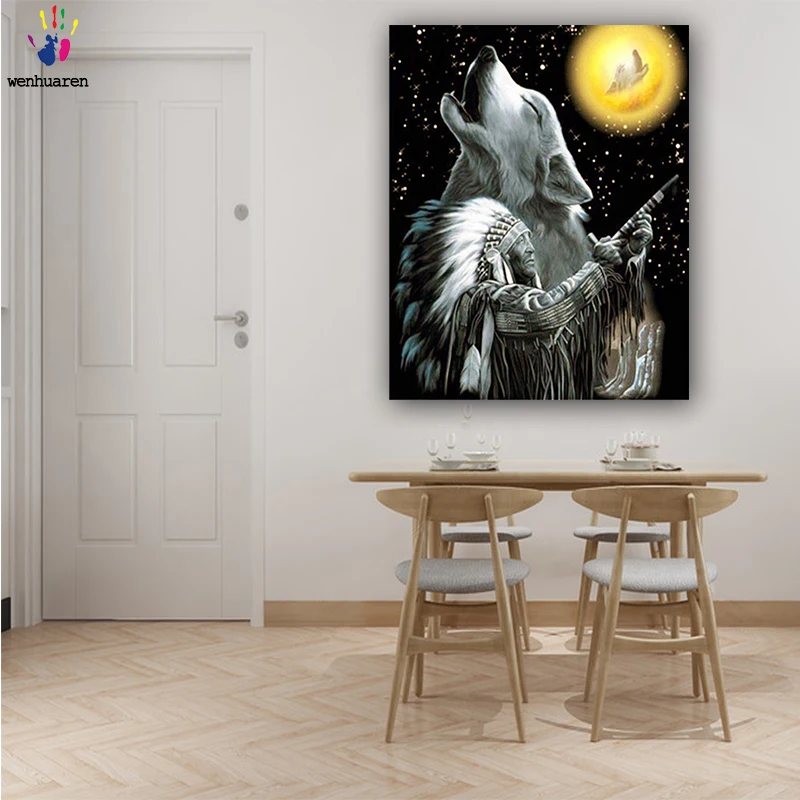 DIY картинки для раскраски по номерам с цветами охотник и Волк картина Рисование