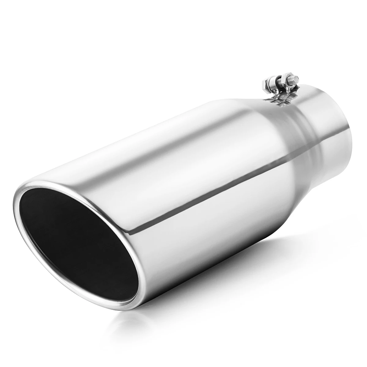 

Exhaust Pipe of 4" Inlet 6" Outlet 15" Overall Length Bolt On Rolled Angle Cut Polished Truck Tip