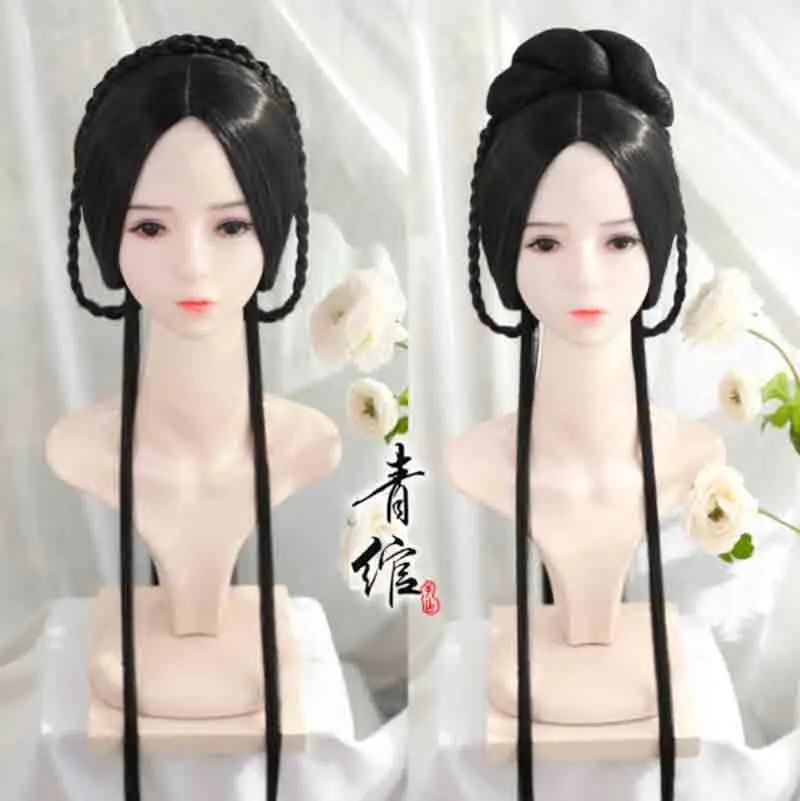 

Hanfu Wigs Women Chinese Tradition Hanfu Wigs Headgear Female Cosplay Prop Ancient Chinese Hairstyle Black Wigs For Women