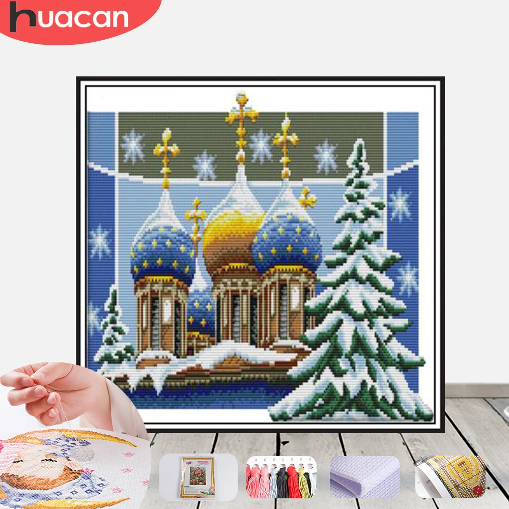 

HUACAN Cross Stitch Embroidery Castle Scenery Needlework Sets For Full Kits White Canvas DIY Christmas Home Decor 14CT