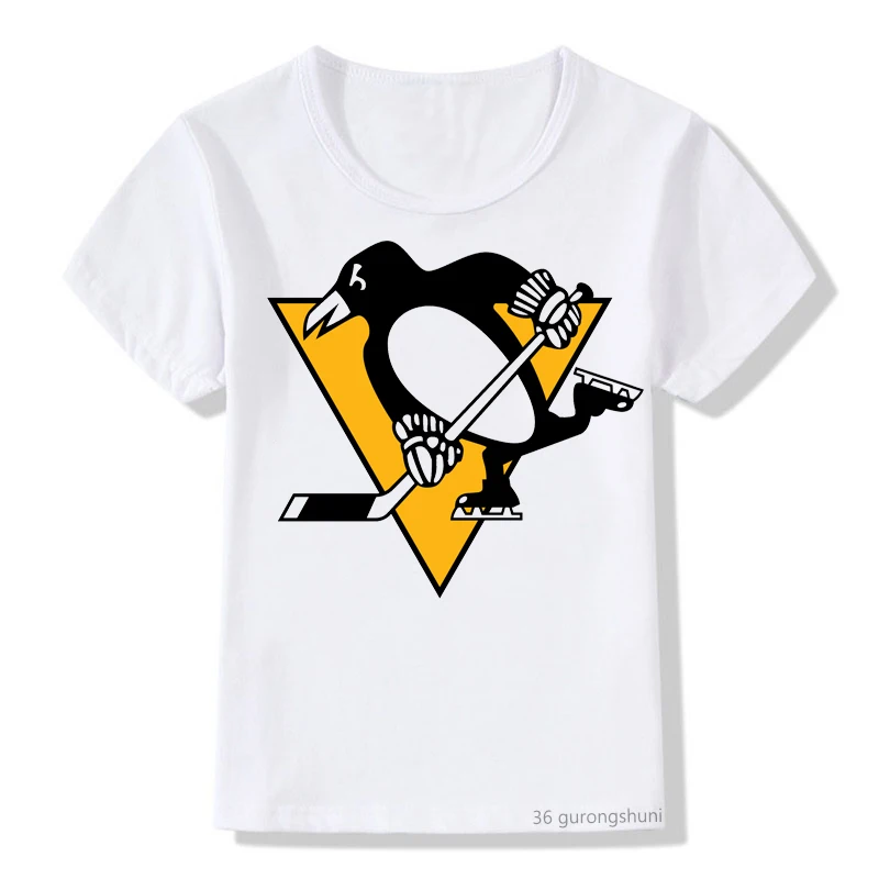 

2021Hot sale boys t shirt funny penguin playing hockey cartoon t-shirt print girls t shirt summer vogue kids tshirt Hip hop tops