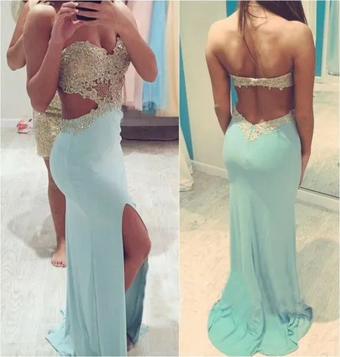 

Sexy Sweetheart Baby Blue Lace Beaded Prom Dresses Mermaid Side Slit Open Back Abendkleider Robes de Soirée for Women