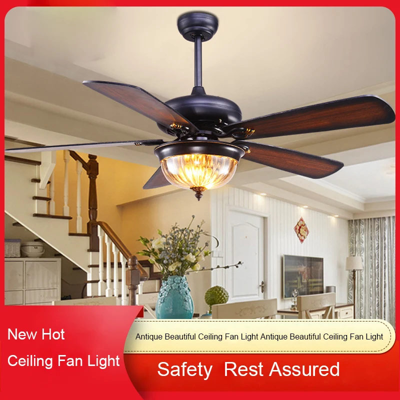 Modern Ceiling Fan Classic Light Living Room American Retro Wood Leaf 52 Inch Ceiling Fan with Lights Remote Control