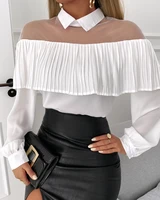 2021 women autumn spring chic elegant ruffles hem sheer mesh long sleeve top blouse solid white shirt turn down collar