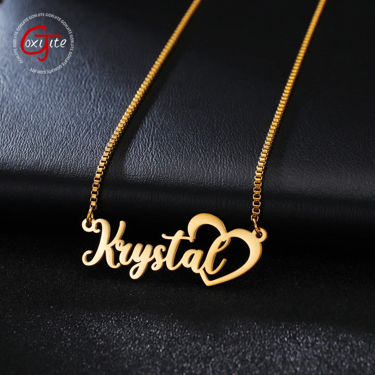 Goxijite Custom Name Necklace For Female With Heart Personalized Box Chain Stainless Steel Nameplate Necklaces Jewelry Gift