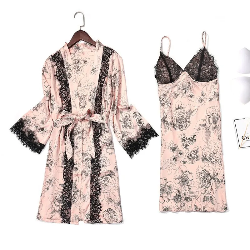 

Satin Sexy Nightwear Intimate Lingerie 4PCS Pajamas Suit Print Flower Robe Set For Women New Arrival Sleepwear Casual Pyjamas
