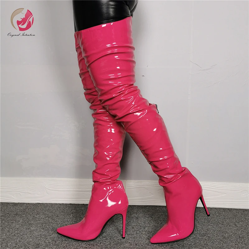 

Оригинальные новые модные женские сапоги выше колена на высоком каблуке Fushia из лакированной кожи с острым носком
