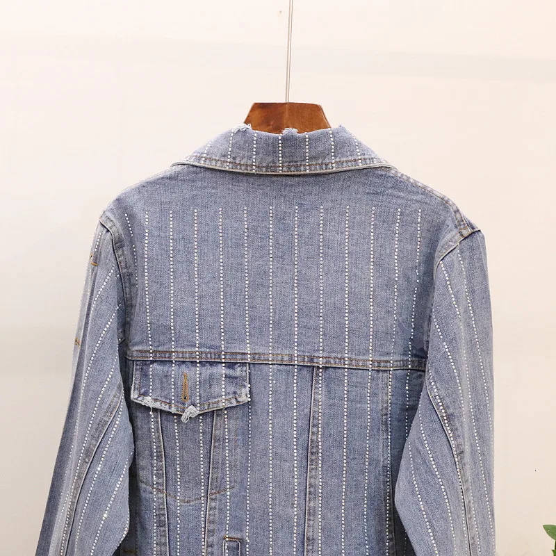 

European Style Autumn Rhinestone Striped Loose Fit Denim Coat Female Street Hip Hop Diamond Frayed Jean Jacket Women Outwear