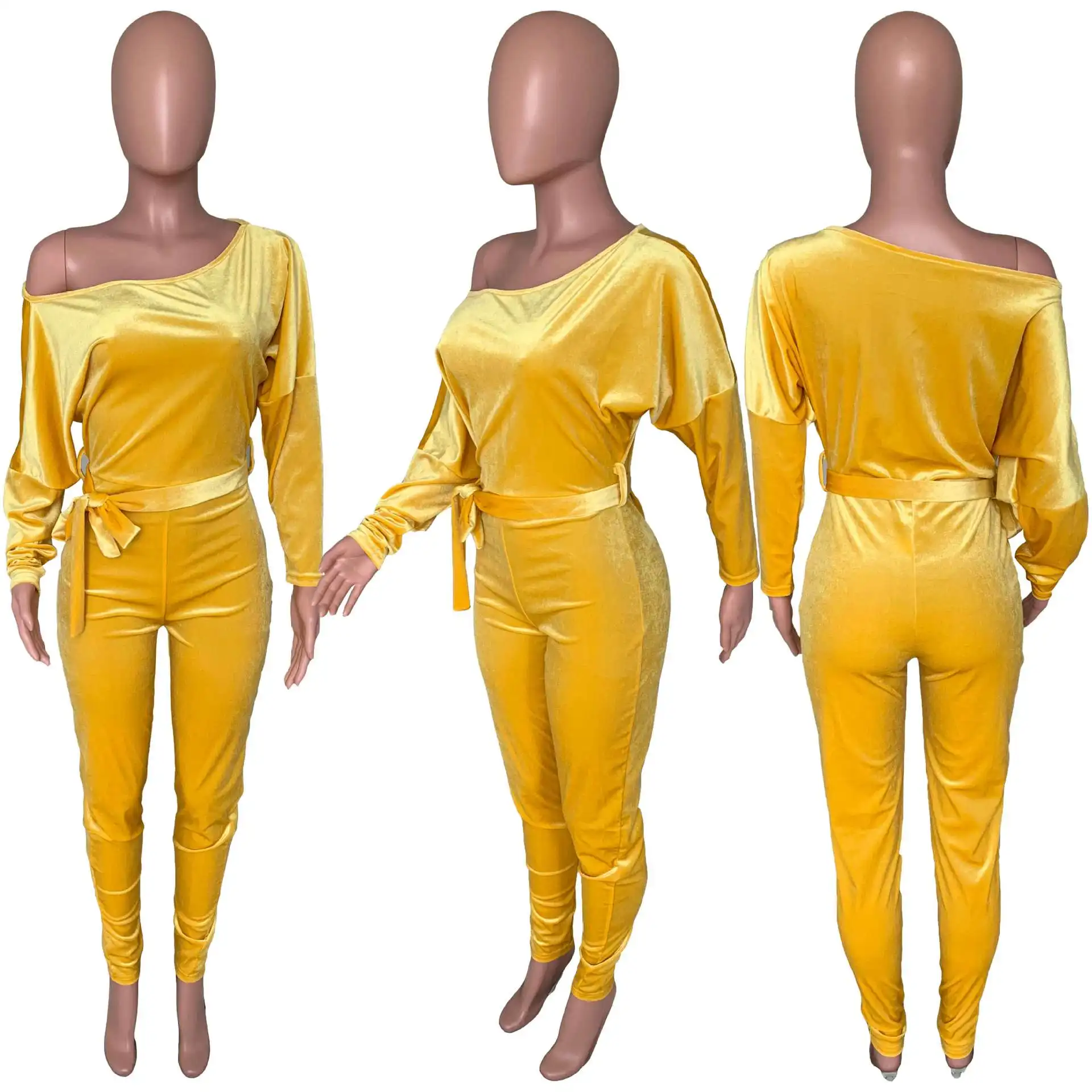 

FNOCE 2020 autumn new women's jumpsuits fashion sexy casual plus velvet solid long sleeve o-neck tight jumpsuits (includes belt)