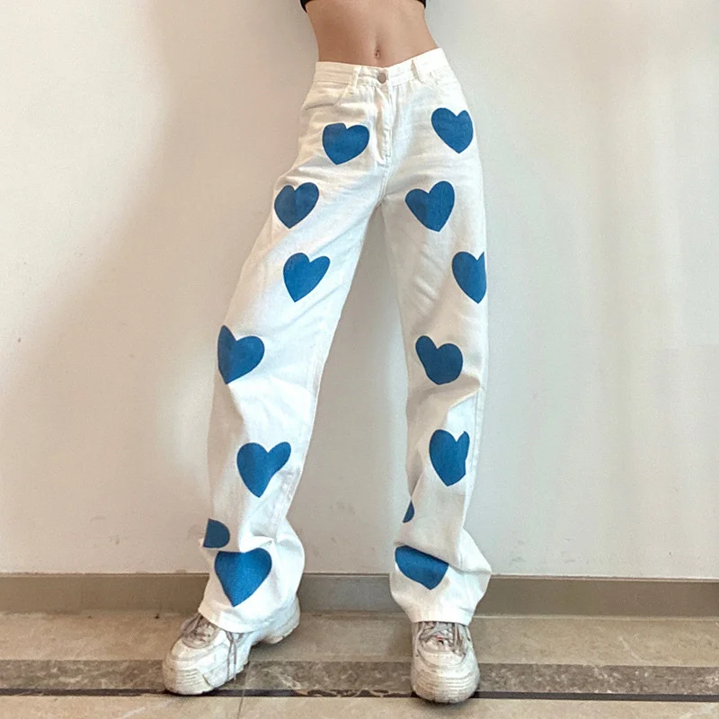

Female Heart Printed Jeans Pants Y2K Retro High Waist Pants Harajuku Denim Pants For Women Straight Jeans 90S Summer
