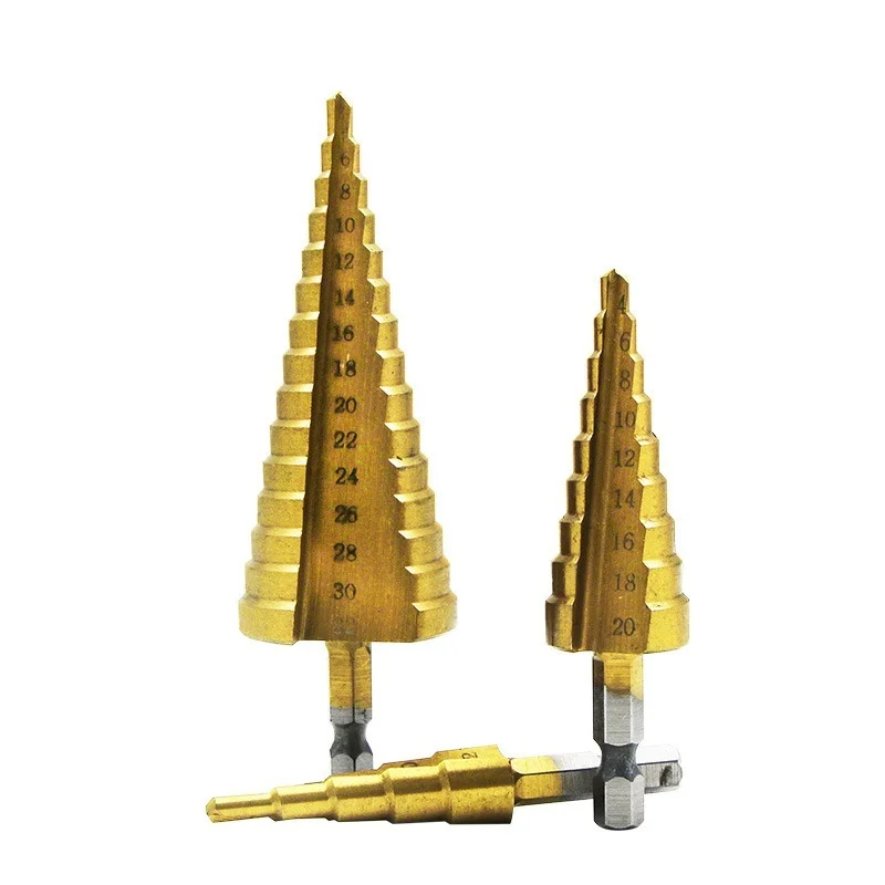 

3Pcs HSS Straight Groove Step Drill Bit Set Hex Shank Titanium Coated Pagoda Shape Drill Bit Metric 4-12/4-20/4-32 mm