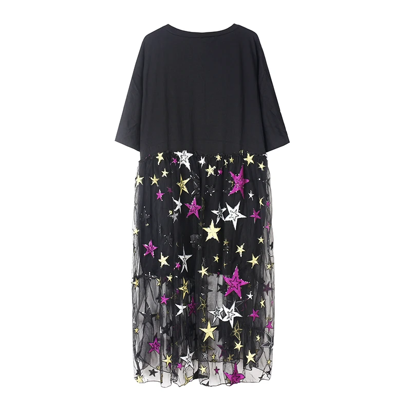 

Tide brand dress female 2020 summer new foreign style letter sequin splicing mesh yarn dress super fairy t-shirt dress female