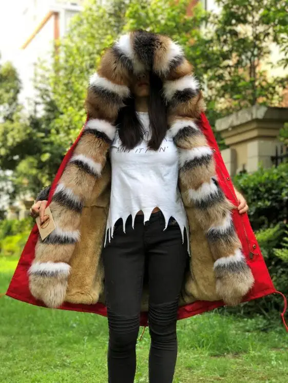FLFP01 red-color4 Fandy lokar натуральное меховое пальто, отделенная подкладка, натуральный мех кролика Рекс, парка из натурального Лисьего меха, черная куртка, зимнее пальто, длинное меховое пальто для женщин - Цвет: FLFP01 red-color4