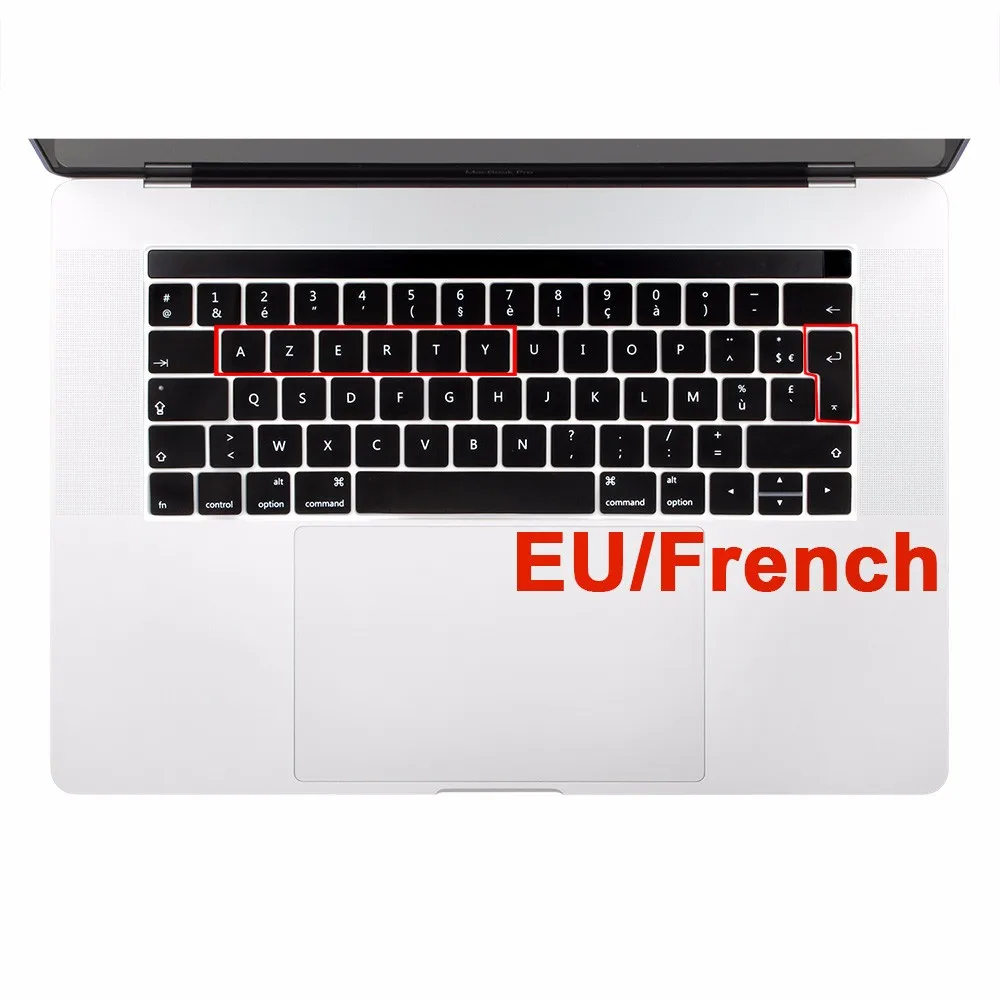 Евро AZERTY ультра-тонкий мягкий силиконовый защитный чехол для клавиатуры для Macbook Pro 13 15 Touch Bar A2159 A1706 A1707 A1989 A1990 - Цвет: Black