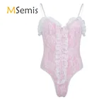 Мужское нижнее белье Sissy боди на бретелях-спагетти с высоким вырезом, Кружевное боди с оборками, одежда для сна