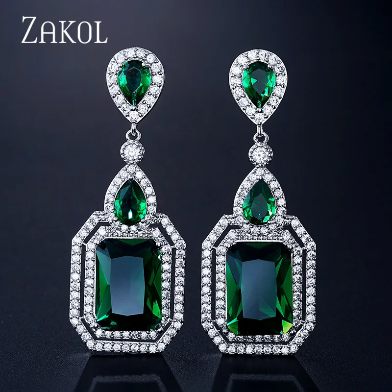 Green ZAKOL белое золото цвет большой квадратный CZ циркония свадебные Висячие серьги для женщин невесты обручальные ювелирные изделия FSEP2321 - Окраска металла: Green